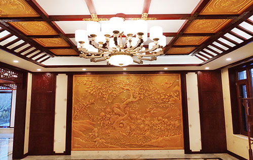 龙河镇中式别墅客厅中式木作横梁吊顶装饰展示
